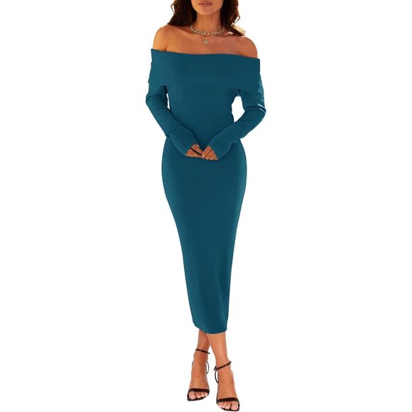 Merokeety Women's Teal Off Shoulder Long Sleeve Elegant Bodycon Midi Dress - Picture 3 of 9